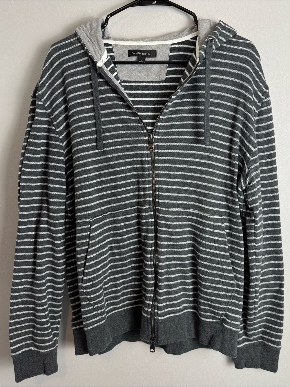 Banana Republic Men’s 100% Cotton Charcoal & Light Gray Striped Zip-Up Hoodie